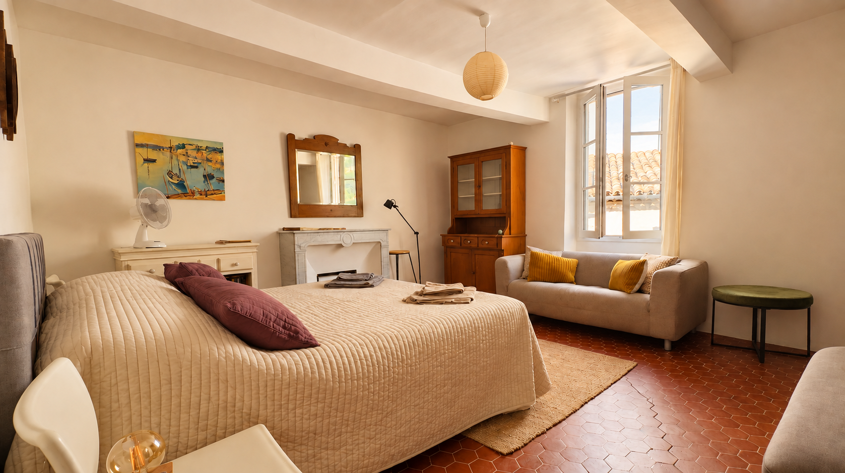 A bedroom with room to relax