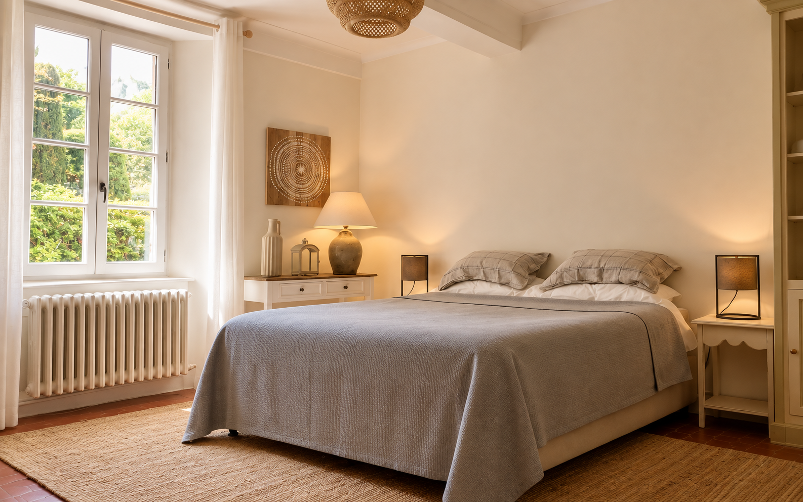 Light-filled double bedroom with a neatly made grey bedspread